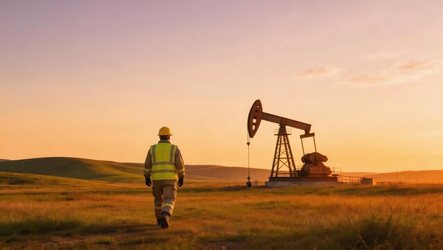 Oil worker walking near pump jack