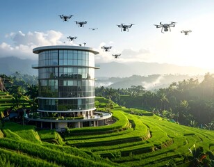 Modern circular glass building overlooking a tiered green hillside landscape with professional drones hovering for ecological monitoring and research