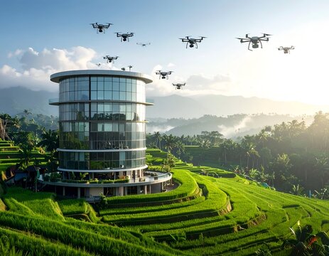Modern circular glass building overlooking a tiered green hillside landscape with professional drones hovering for ecological monitoring and research