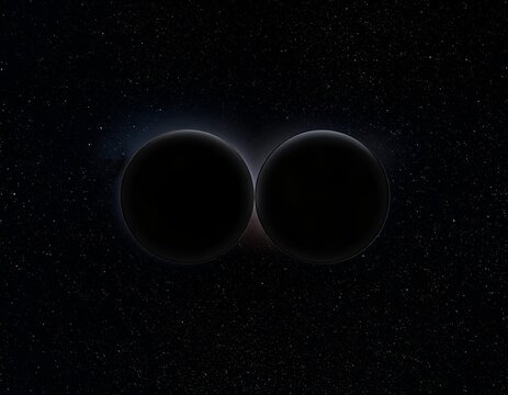 Abstract double planetary eclipse phenomenon set against a deep space starry night sky with cosmic nebula clouds and outer space astronomy theme
