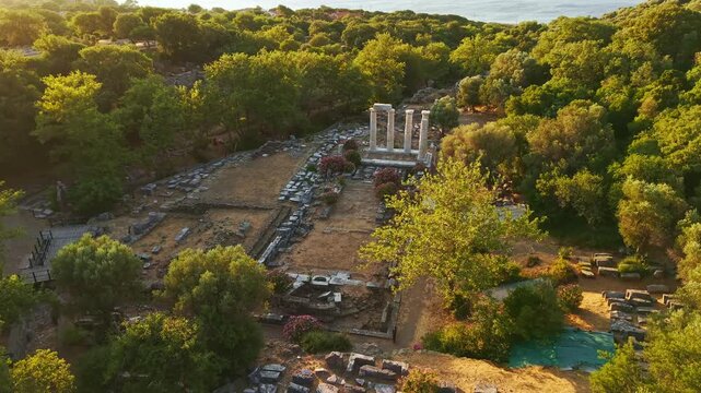 Aerial View of Sanctuary of the Great Gods at Sunset Samothrace