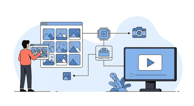 A person interacts with a digital workflow diagram on a computer screen displaying a video play button and various image editing steps.