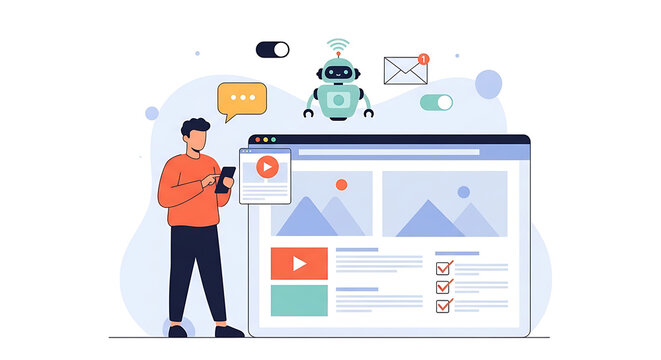 A man interacts with a large computer screen displaying a website with various icons and graphics floating around.