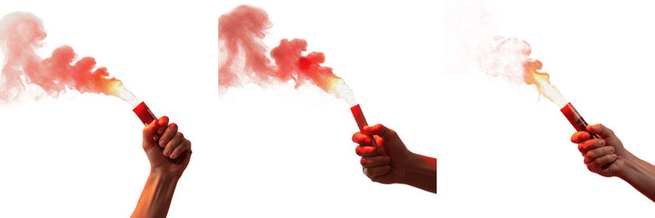 Hand Holding Burning Red Flare Signal with Smoke Isolated on White Background One Line Set © new
