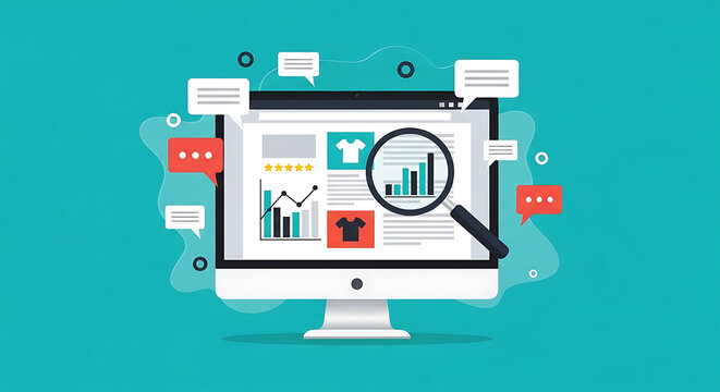 A computer monitor displays various graphs and a magnifying glass surrounded by speech bubbles on a teal background with technology and data analysis.