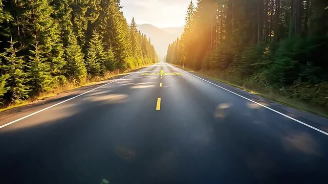 A winding road through a dense forest leads to a sunny horizon with a large yellow career text on the asphalt.