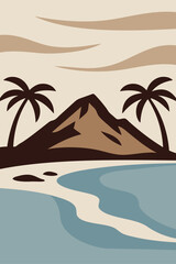 Fototapeta premium Logo agencia de viajes. Vacaciones de verano. Dibujo sencillo con un paisaje con la palma, una isla con montaña y la playa con el mar 