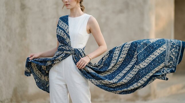 A modern white jumpsuit is wrapped with flowing Javanese batik fabric whose intricate patterns ripple outward like water, blending heritage with clean lines.