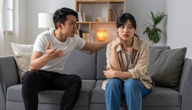 リビングで言い争う日本人夫婦のワンシーン