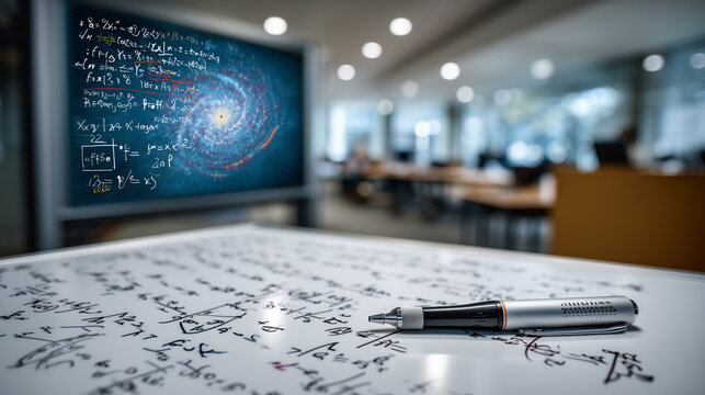 Aftermath moment shows scattered mathematical equations on whiteboard after black hole event horizon calculations, eraser dust and marker caps beside complex diagrams, ideal for th