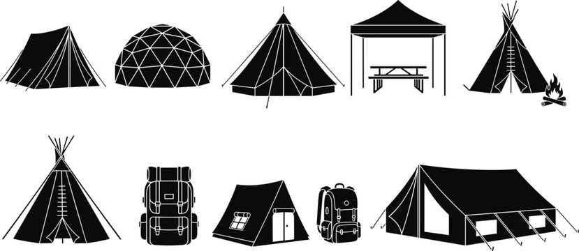 Black and white silhouette icon set of various camping tents, geodesic domes, teepees, backpacks, and picnic shelters, representing outdoor adventure, hiking, and glamping lifestyle.