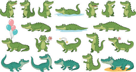 Fototapeta premium Cute Crocodile Cartoon Collection Vector Set Featuring Funny Alligator Characters in Different Poses for Kids, Nursery, Wildlife, and Animal Design Projects