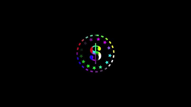 Rainbow colored dollar sign and star border on a black background Keywords: dollar sign, money, finance, currency, symbol, icon, rainbow, colorful, black background, circle, stars, dashed line