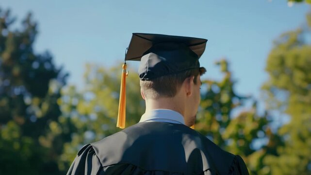 Graduate in cap and gown with academic regalia, celebrating education milestone at graduation ceremony.