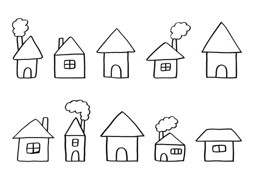 窓や煙突がある家のゆるい線画の手描きイラストセット