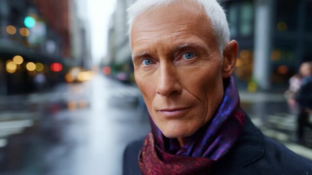 A distinguished elderly man with striking blue eyes and silver hair stands confidently on a city street, embodying wisdom and elegance in a vibrant urban setting.