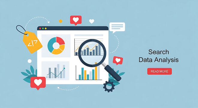 A detailed illustration of a web browser displaying data analysis and statistics with various icons and graphs on the screen