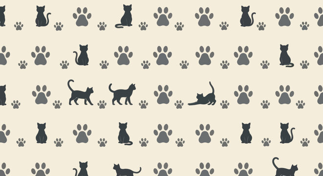 Black cats and paw prints pattern.