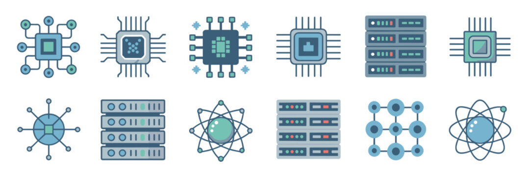 Quantum computing processor and supercomputing icons &ndash; Ideal for tech research, high-performance computing, or AI hardware.