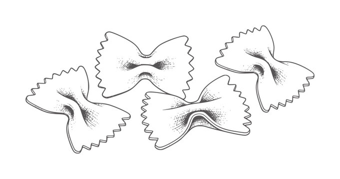 Hand drawn farfalle pasta bow tie shapes white