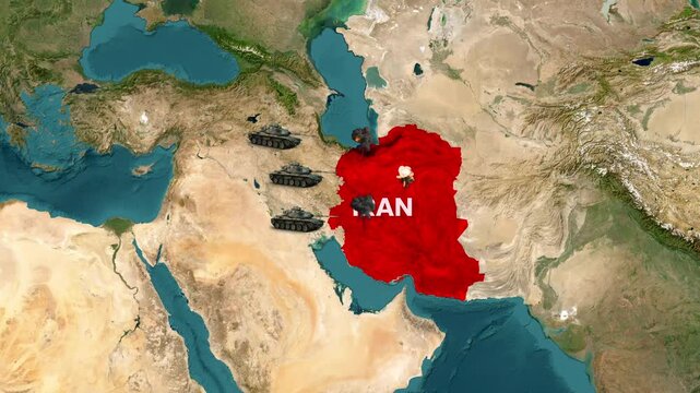Animated military tanks invading the Iran map with explosion effects clip