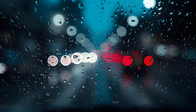 Rainy night, bokeh lights from car headlights on wet glass