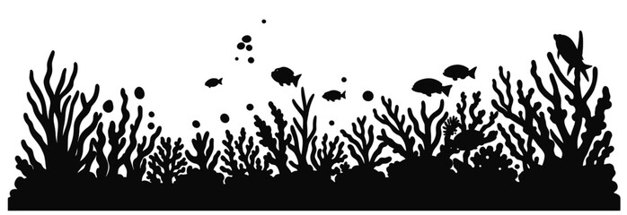 underwater coral reef silhouette with fish sea plants and bubbles marine life scene. Ocean Coral Reef Border with Fish Black Underwater Scene. © Arun