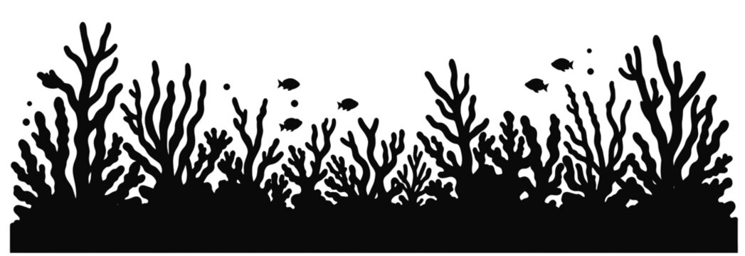 underwater coral reef silhouette border with small fish sea plants and minimal marine scene