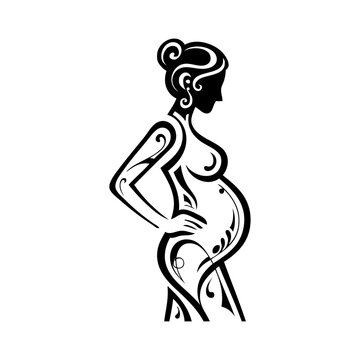 Logotipo maternidad. Dibujo minimalista con l&iacute;neas de una mujer embarazada de perfil, con la mano en la cadera y el cabello recogido, con ondas como motivos ornamentales 