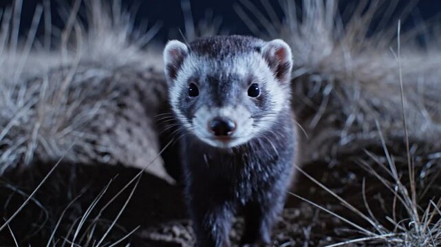 Black-footed Ferret Emerges From Burrow Under Moonlight