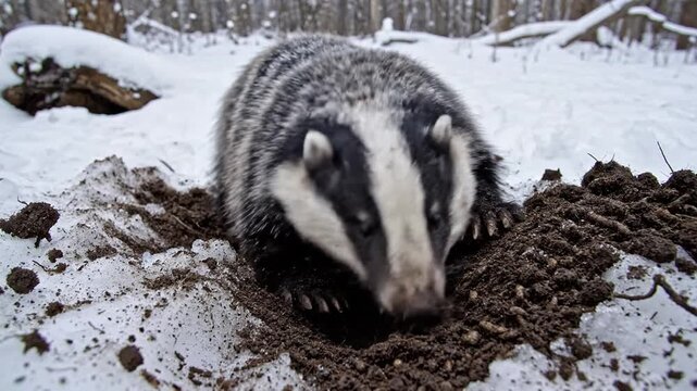 Badger digs through snow-covered earth in winter forest