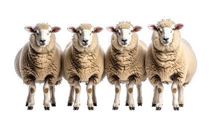 Fototapeta premium A visually striking row of four fluffy sheep, showcasing their thick, natural wool and gentle presence, embodying the essence of farm life and agricultural prosperity