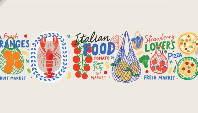Vintage Italian food vector illustrations, retro fresh market grocery set, hand drawn Mediterranean cuisine elements with lobster and pizza
