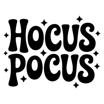 A minimalist vector graphic illustration of the phrase Hocus Pocus in a playful, magical font with stars
