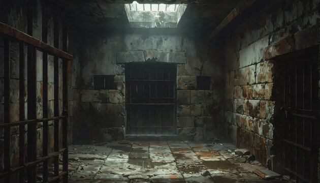 Dark underground prison cell with rusty bars and damp stone floor