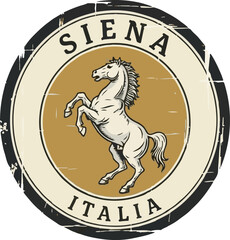 Obraz premium Vintage Siena Italia emblem with rearing horse, distressed circular travel badge, rustic Italian souvenir vector illustration with stallion isolated PNG with Transparent Background