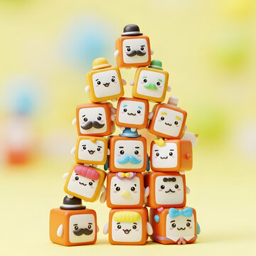 Stack of cute cube characters with hats and mustaches on yellow background image