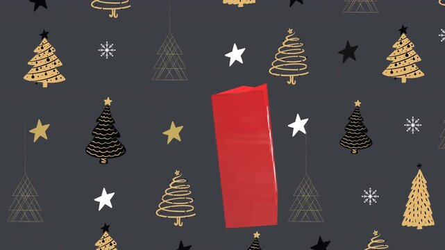 Sale text on red shopping bag floating against christmas tree and stars icons in seamless pattern