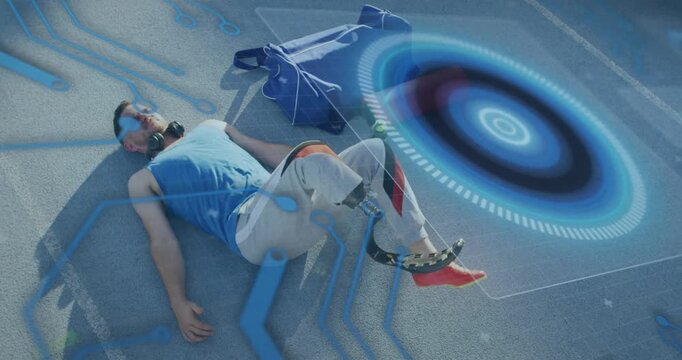 Animation of data processing over disabled caucasian sportsman