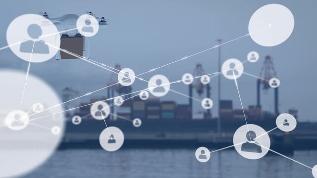Animation of network of connections with icons over drone with parcel and landscape