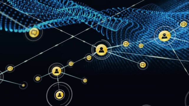 Animation of network of connections with icons over blue net
