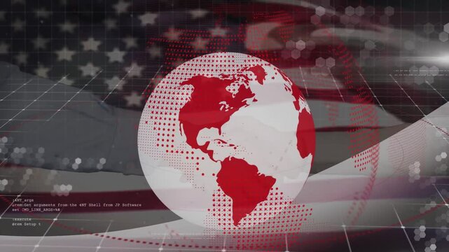 Animation of spinning globe and usa flag over people shaking hands