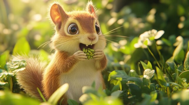 Animated chipmunk with wide eyes and a happy expression eats seeds in sun-dappled foliage