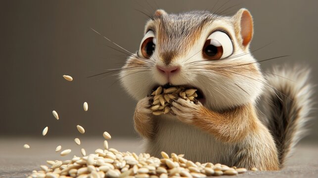 3D rendered animated squirrel with huge eyes stuffing seeds in its mouth