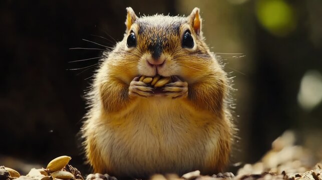 A fluffy, adorable rodent with stripes and large eyes eats a nut