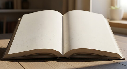Fototapeta premium An open book with blank pages on a table indoors