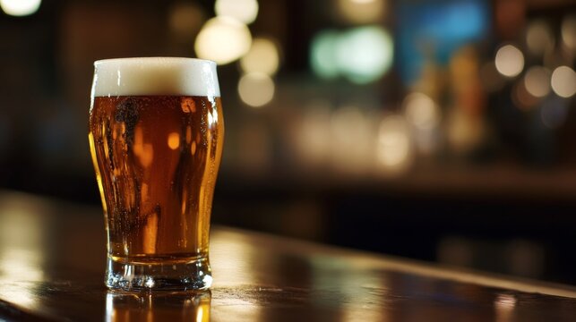 Refreshing pint of beer on the bar waiting to be enjoyed at a busy pub in the evening