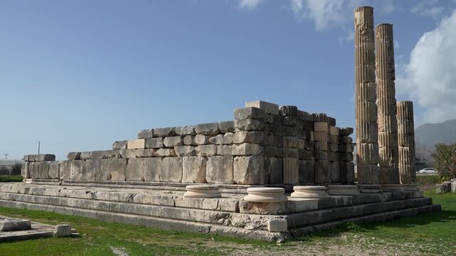 Ruins of the Letoon Temple with standing Ionic columns and massive stone walls, a UNESCO-listed Lycian sanctuary, historic Lycian ruins near city of Xanthos, Mugla, Turkey