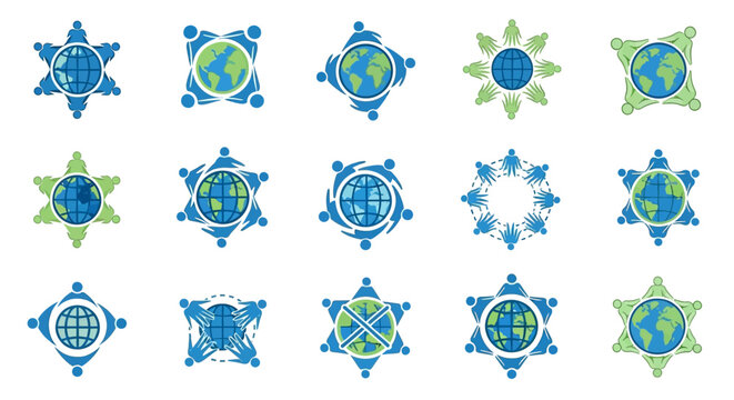 Earth Globe Icons with Starburst Shapes.