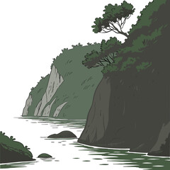 Illustration of a serene cliffside landscape with trees and water © bbbb